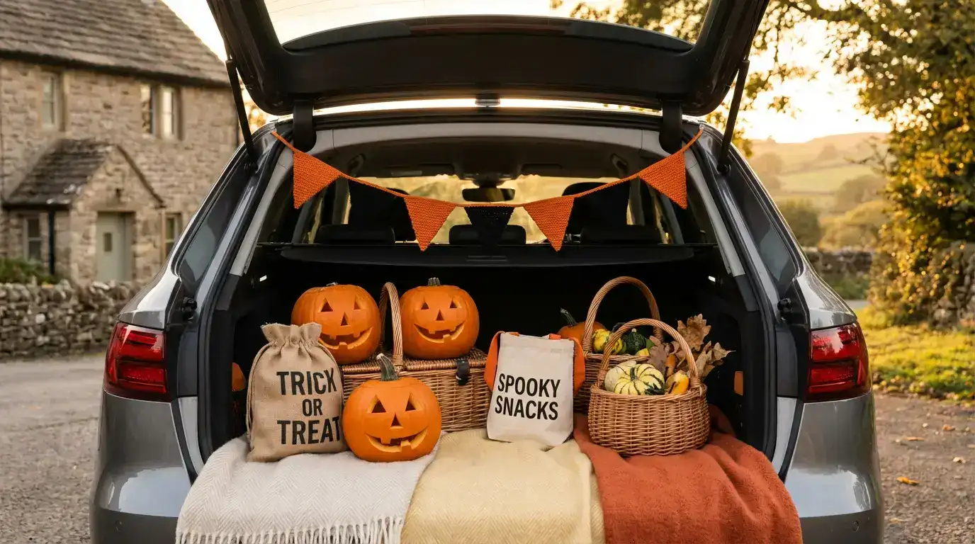 Family car packed for a Halloween half-term road trip in the UK