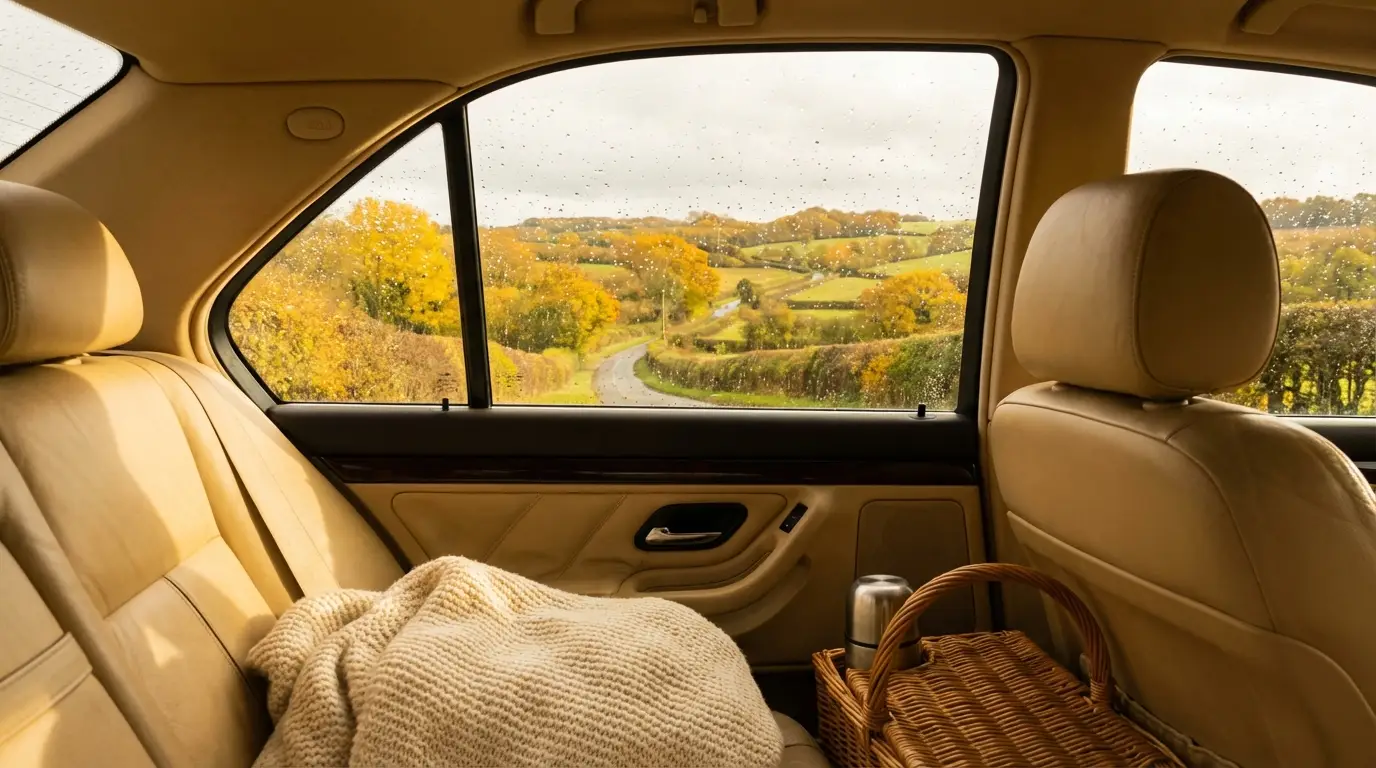 Family car driving through autumn woodland in the UK
