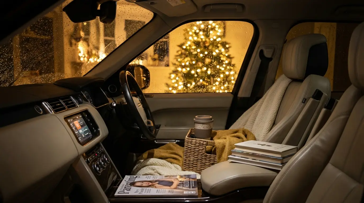 Family car organised and ready for a winter journey, with CheekyBoo organiser in the back seat