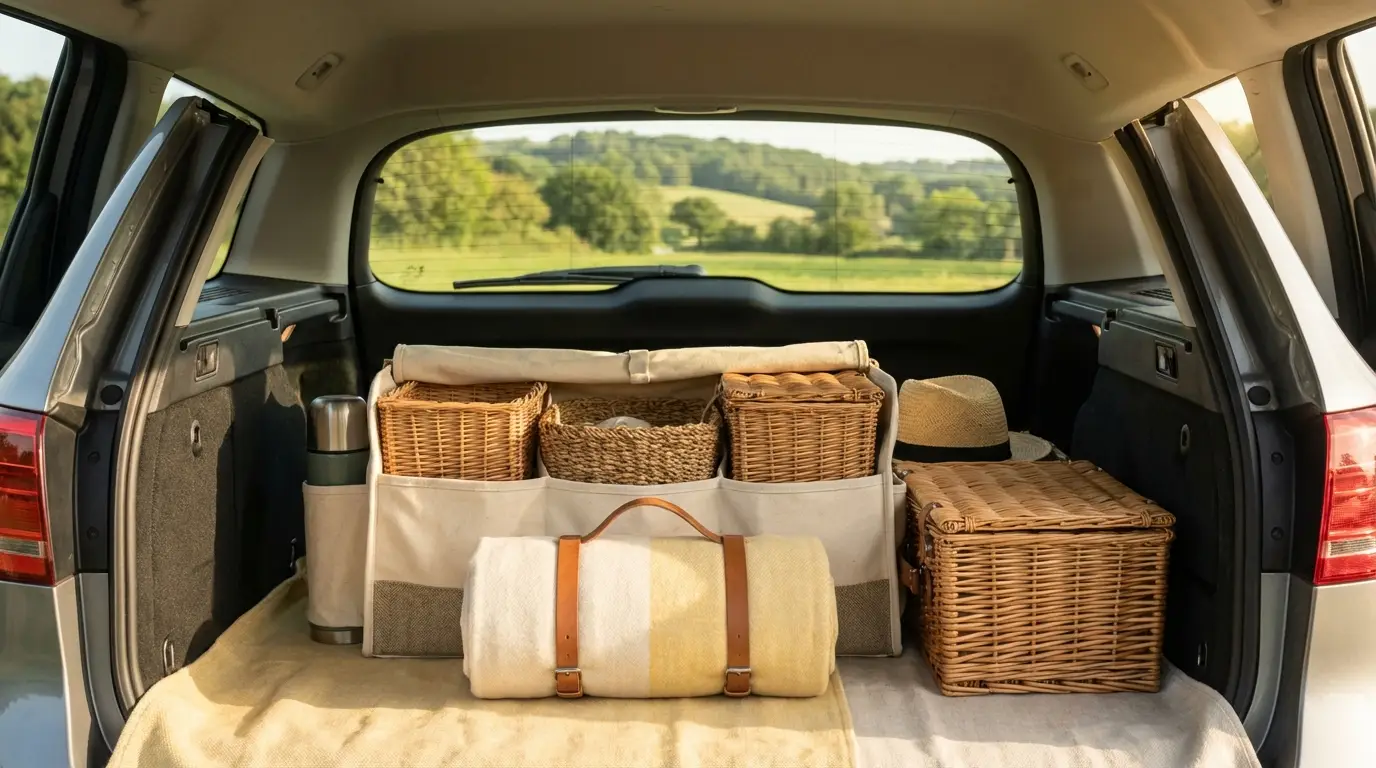 Happy children in the back seat of a family car on a half-term road trip with CheekyBoo organiser