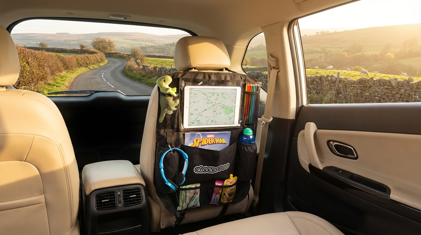 Family car packed for a bank holiday road trip with kids, CheekyBoo organiser fitted to back seat