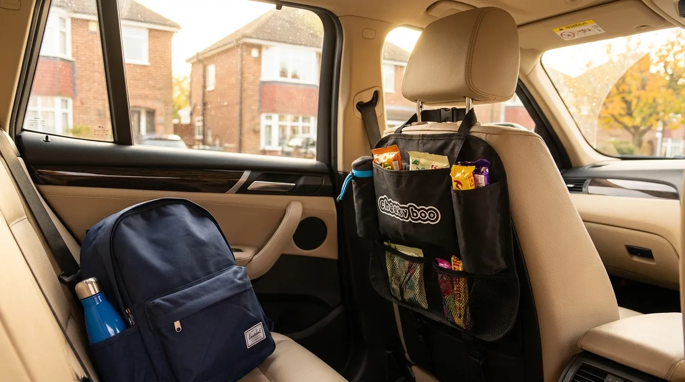 CheekyBoo car seat organiser in family car, keeping kids' essentials organised and within reach