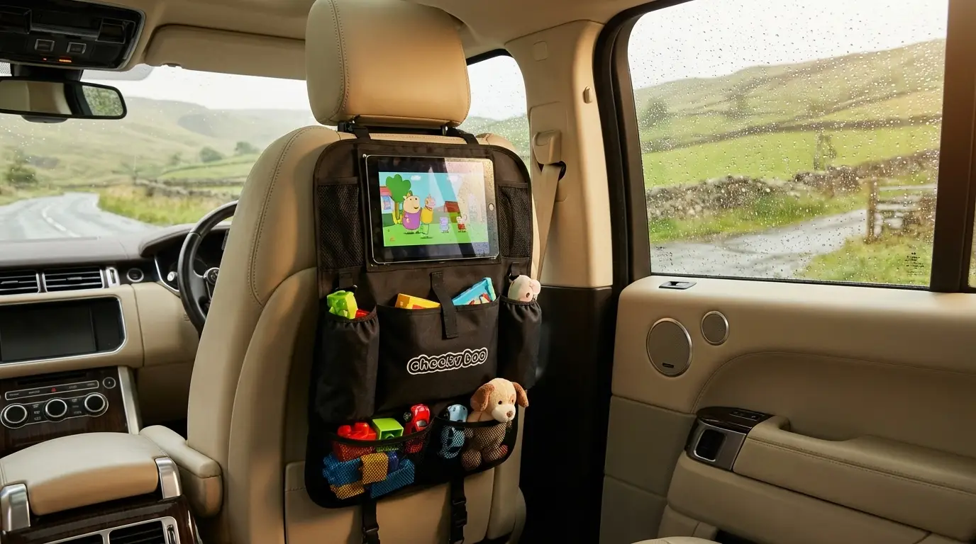 Child using tablet in the back seat of a car with CheekyBoo organiser tablet pocket