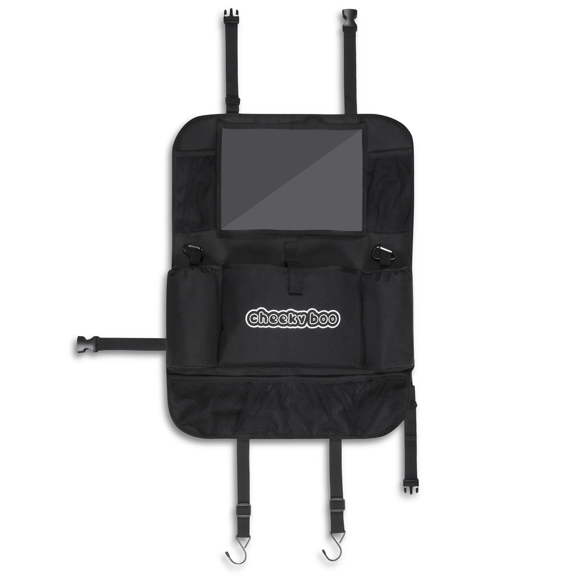 CheekyBoo Car Backseat Organiser with tablet holder for kids — shown fitted in a family car