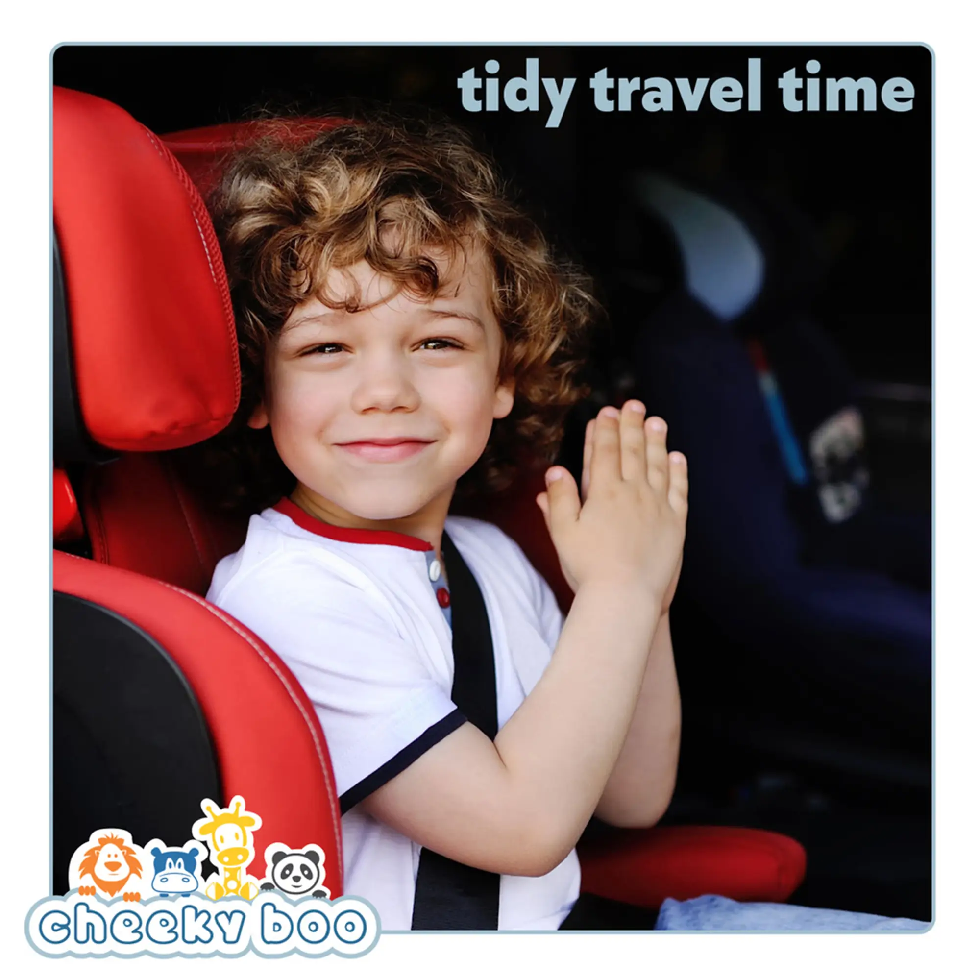 CheekyBoo organiser in use on a family road trip — second in-car view